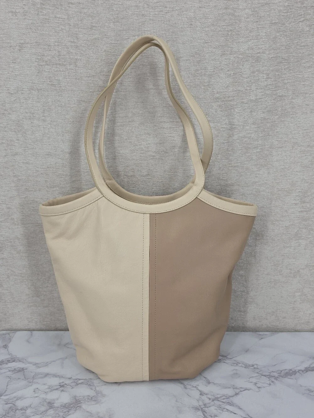 Coach Bea Neutral Two-Tone Ivory & Taupe Leather Top Zip Tote Bag